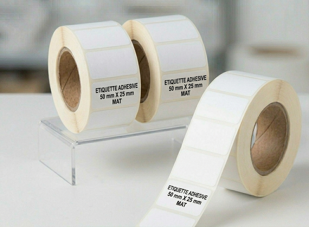 Étiquette adhésive mate 50x25 mm pour identification produit, codes-barres et logistique.