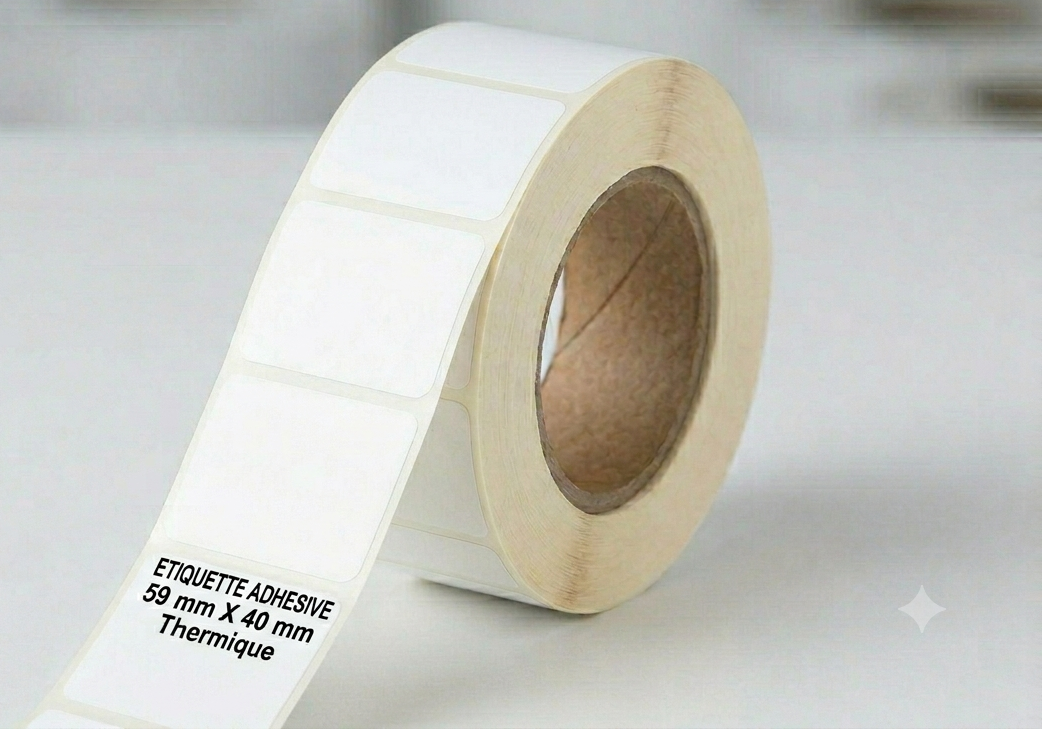 Étiquette adhésive thermique 59x40 mm pour impression de codes-barres et traçabilité des produits.
