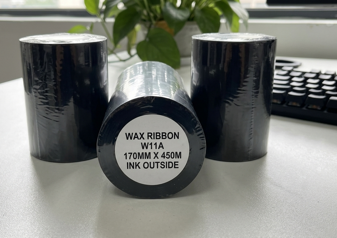 Ruban thermique cire 170x450m pour impression d’étiquettes et codes-barres.